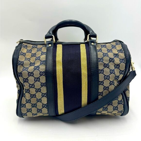 Auth Gucci Vtg Navy GG Canvas Web Joy Medium Boston Bag Preloved Purse Doctor - Picture 1 of 16